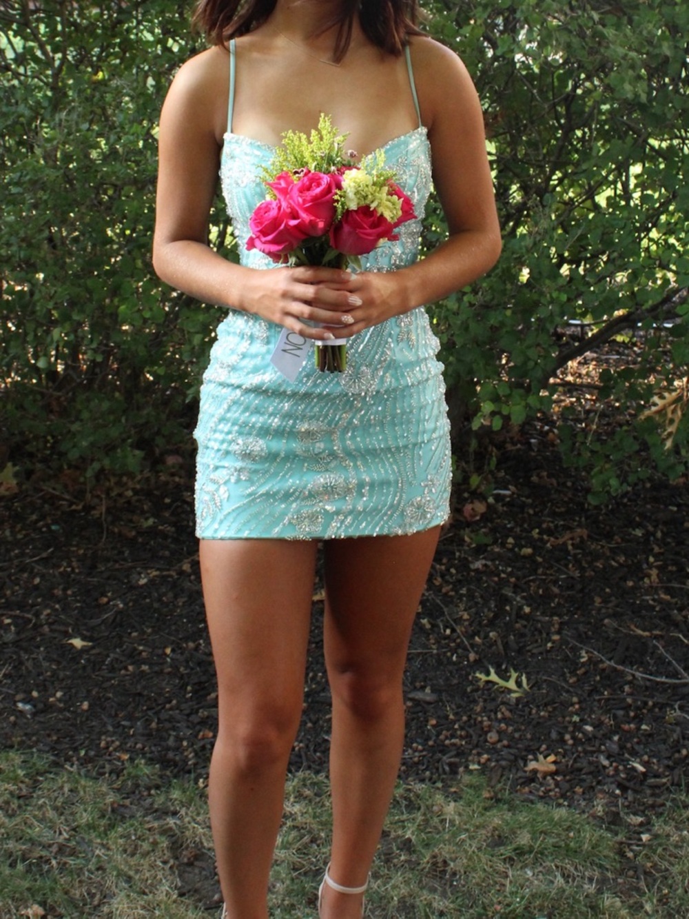Women’s Mint Beaded Mini Dress - Sleeveless Spaghetti Strap